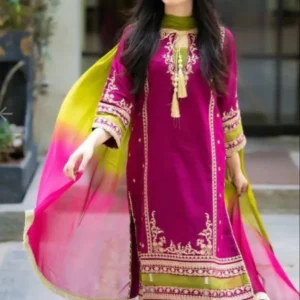 Pink Embroidered Lawn 3Pcs Women Suit with Dupatta