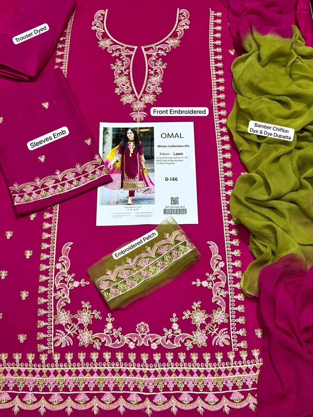 Pink Embroidered Lawn 3Pcs Women Suit with Dupatta - Image 2