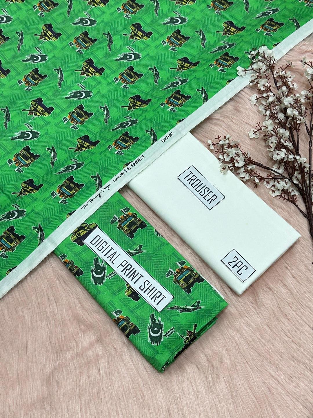 Women's Green Military Print Lawn Suit for Independence Day - Image 2