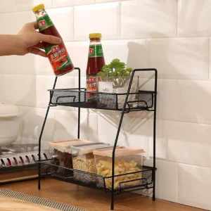 Two Tier Spice Rack Black Stainless Steel Kitchen Storage