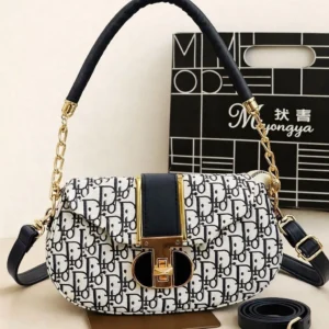 Black Printed Shoulder Bag for Girls with Gold Hardware
