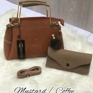 Mustard Coffee Leather Handbag with Wallet & Strap