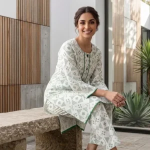 Women White Printed 2Pcs Arabic Lawn Suit Set
