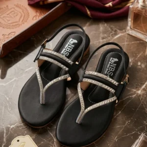 Women's Black Rhinestone Flip Flops Flat Sandals