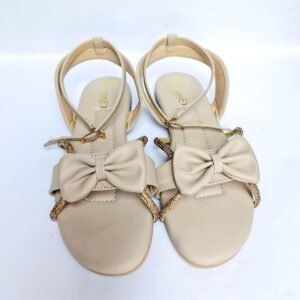 Beige PU Leather Bow Sandals for Women with Gold Straps