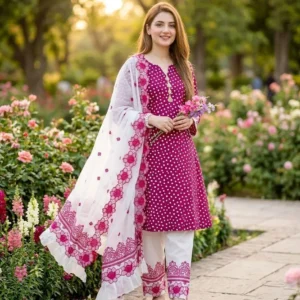 Pakistani Women's Pink Floral Kurta Pajama Set with White Dupatta