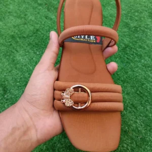 Women's Trendy Brown Leather Flat Sandals with Ring Decor