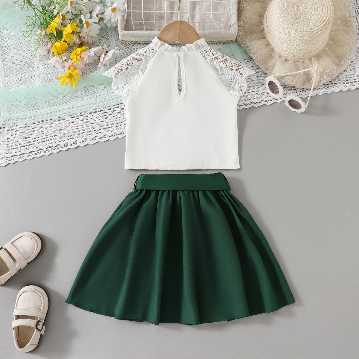 Green Pleated Skirt Set for Girls 3-6 Years - Image 2