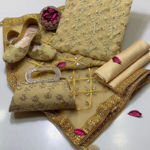 Fancy 5pc Suit | Chiffon Embroidery | Masuri Shalwar | Mirror Work Dupatta | Matching Khussa & Clutch