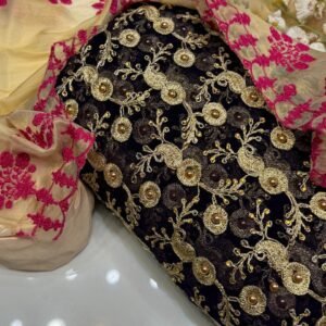 3pc Suit | Fancy Crinkle Chiffon Jaal Shirt (Front & Back) | Embroidered Mehsori Silk Dupatta | Self Mehsori Trouser