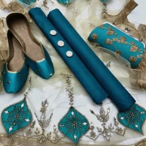 Party wear | 5pc Collection | Kataan Shirt & Trouser | Net Mirror & Lace Work Dupatta | Embroidered Khussa & Clutch