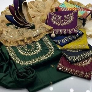 4pc Party Wear | Fancy Katan Dress | Mirror Work Shirt & Trouser | Mirror Work Net Dupatta