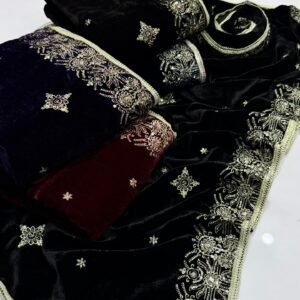Elegant Velvet Shawl – Machine Sequenced Embroidery with Tilla Thread, Premium Quality, 2.4-Yard Length