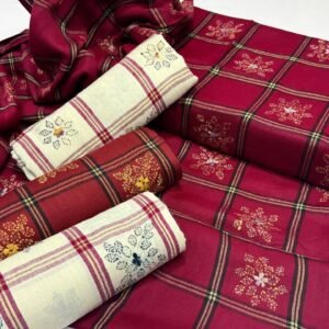 Elegant Check Design Handmade Embroidered Pashmina Shawl – Premium Quality, 2.5 Yards (88"x43")