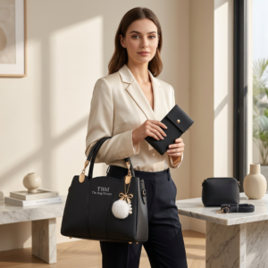 TBM 3 Piece Handbag Set Black Rexine for Women