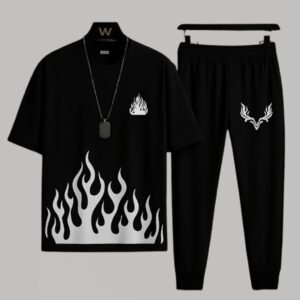 Men's Black Flame Print Micro Track Suit 2 Pcs