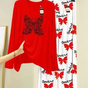 Red Butterfly Print 2-Piece Night Suit for Women