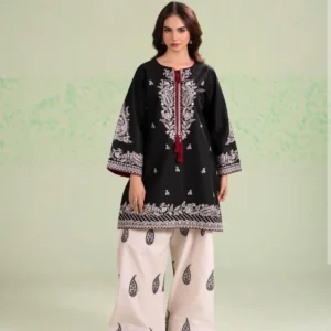 2 Pcs Women's Stitched Cotton Embroidered Shirt And Trouser