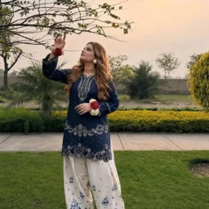 2 Pcs Women's Stitched Cotton Embroidered Shirt And Trouser