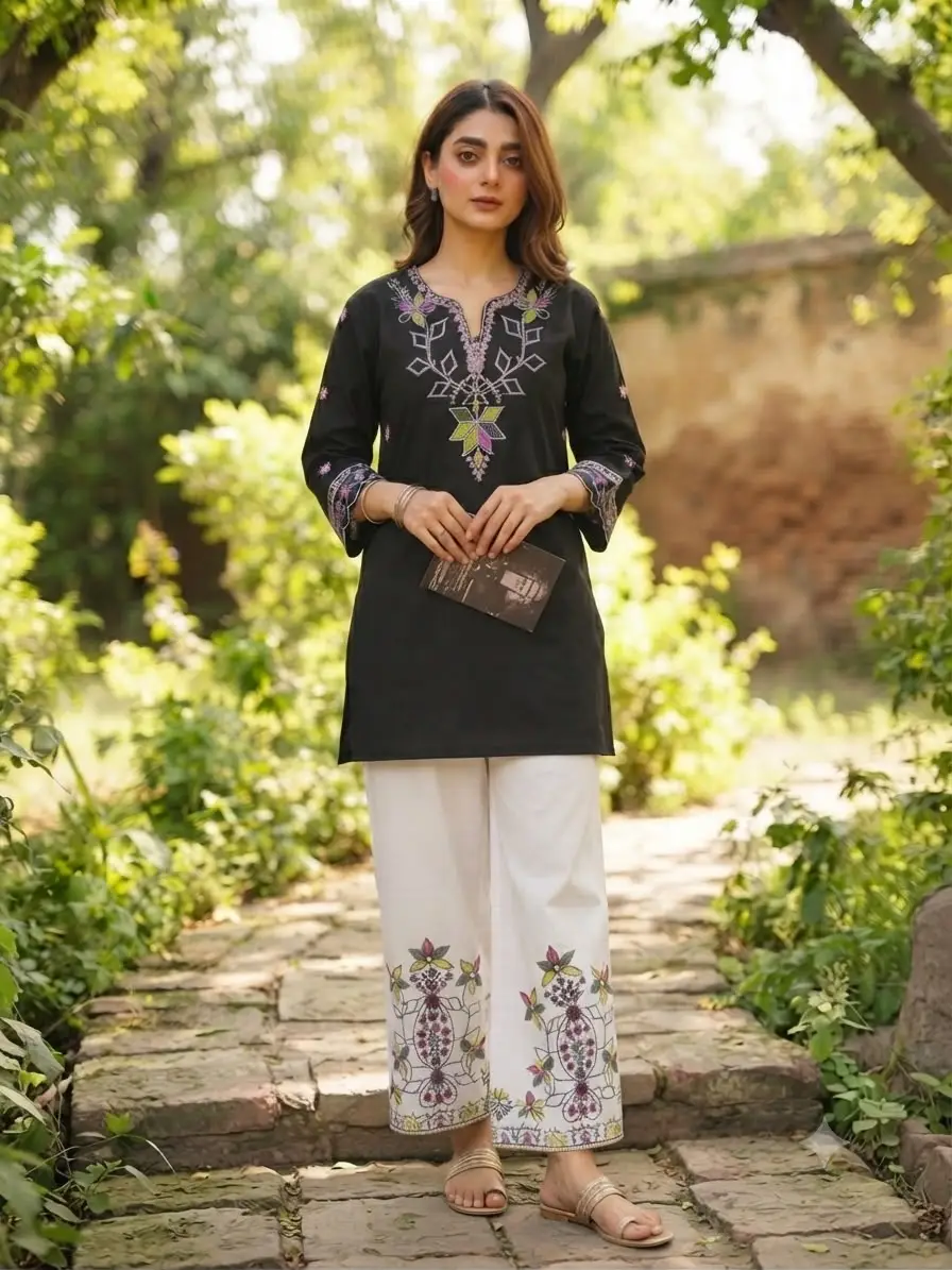 2 Pcs Women's Stitched Cotton Embroidered Shirt And Trouser - Image 3