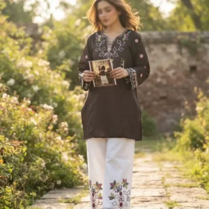 2 Pcs Women's Stitched Cotton Embroidered Shirt And Trouser