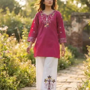 2 Pcs Women's Stitched Cotton Embroidered Shirt And Trouser