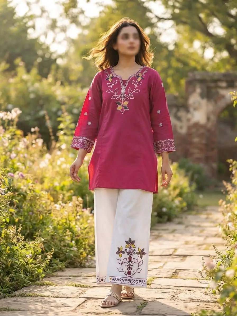 2 Pcs Women's Stitched Cotton Embroidered Shirt And Trouser - Image 3
