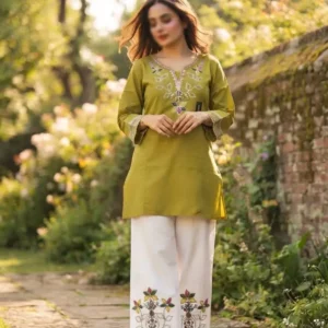 2 Pcs Women's Stitched Cotton Embroidered Shirt And Trouser
