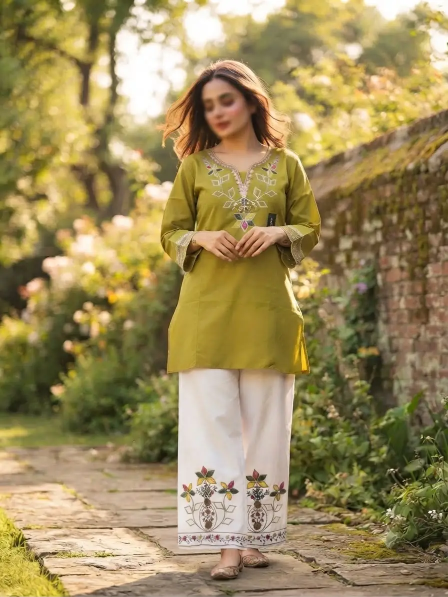 2 Pcs Women's Stitched Cotton Embroidered Shirt And Trouser - Image 3