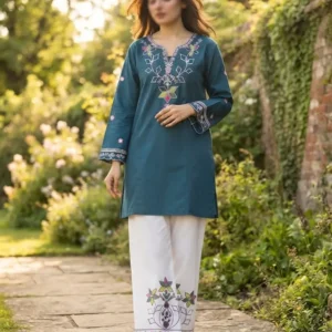 2 Pcs Women's Stitched Cotton Embroidered Shirt And Trouser