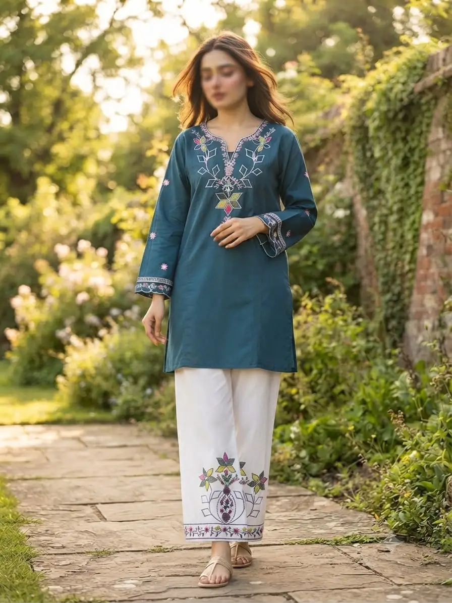 2 Pcs Women's Stitched Cotton Embroidered Shirt And Trouser - Image 3
