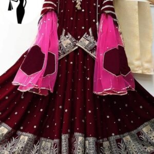 Maroon Embroidered Maxi Suit 3pcs Shamoz Silk Eid Formal