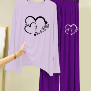 Women Printed Night Suit Purple Cotton Jersey 2 Pcs
