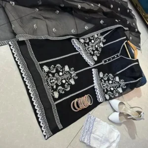 Black Embroidered 3-Piece Women Suit with Lace Dupatta