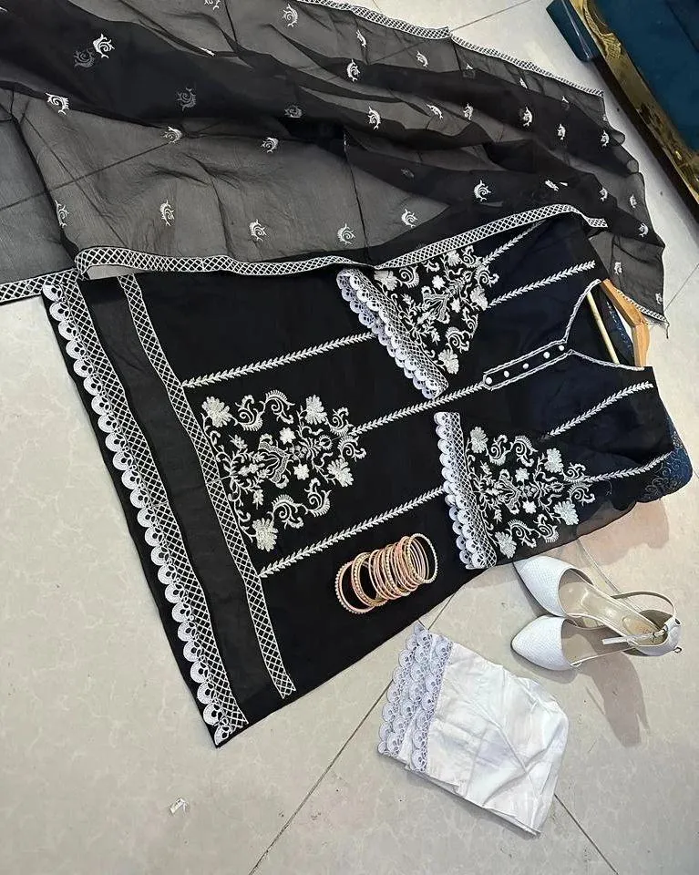 Black Embroidered 3-Piece Women Suit with Lace Dupatta