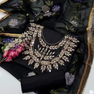 Black Galla Embroidered 3PC Dress With Beads & Organza Duppata