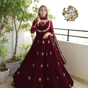 Maroon Embroidered Maxi Suit with Gold Work for Weddings