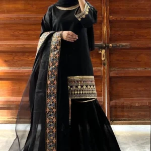 Black Shamoz Silk 3-Piece Wedding Eid Set with Laser Work Dupatta