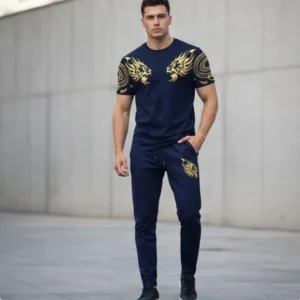 Men Blue Lion Print Slim Fit Track Suit 2Pcs