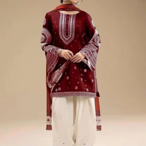 Maroon Embroidered 3-Piece Dhanak Suit with Pashmina Dupatta