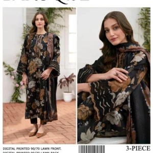 Black Digital Print Lawn 3-Piece Suit for Women