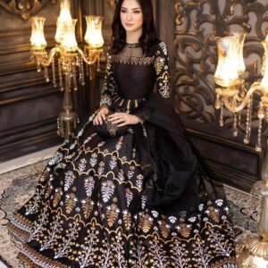 Black Katan Silk Maxi Set with Golden Floral Embroidery