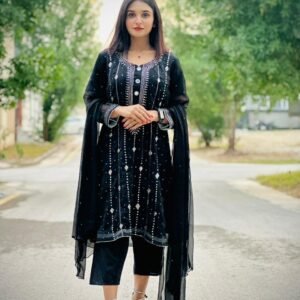Black Embroidered Chiffon Suit for Women